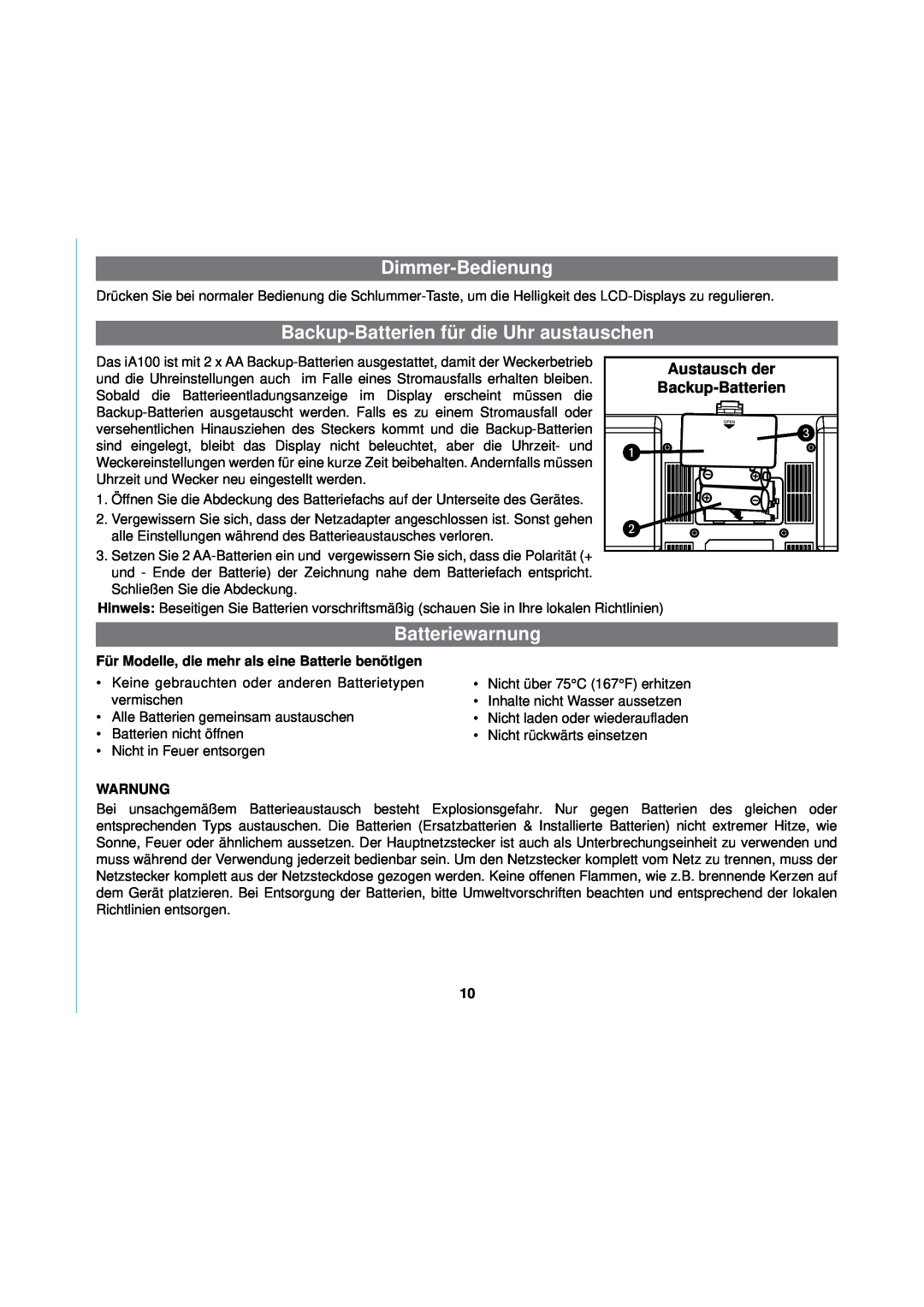 iHome iA100 manual Dimmer-Bedienung, Backup-Batterienfür die Uhr austauschen, Batteriewarnung, Warnung 