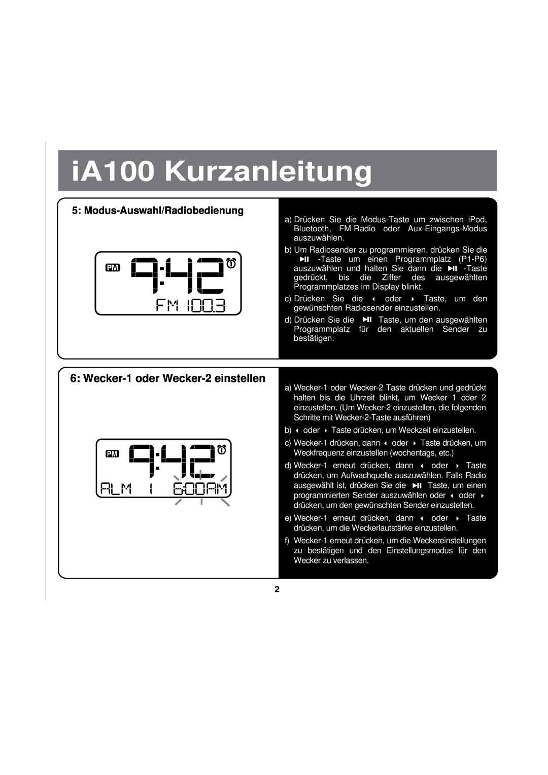 iHome manual Modus-Auswahl/Radiobedienung, iA100 Kurzanleitung, Wecker-1oder Wecker-2einstellen 