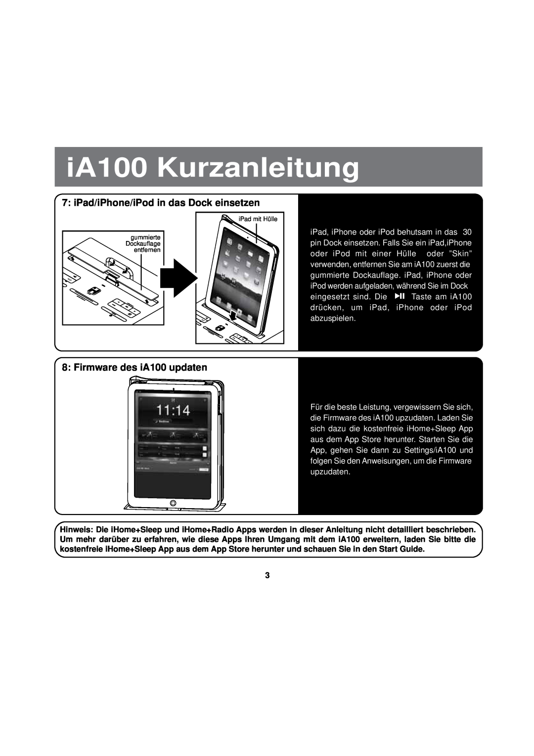 iHome manual iPad/iPhone/iPod in das Dock einsetzen, Firmware des iA100 updaten, iA100 Kurzanleitung 