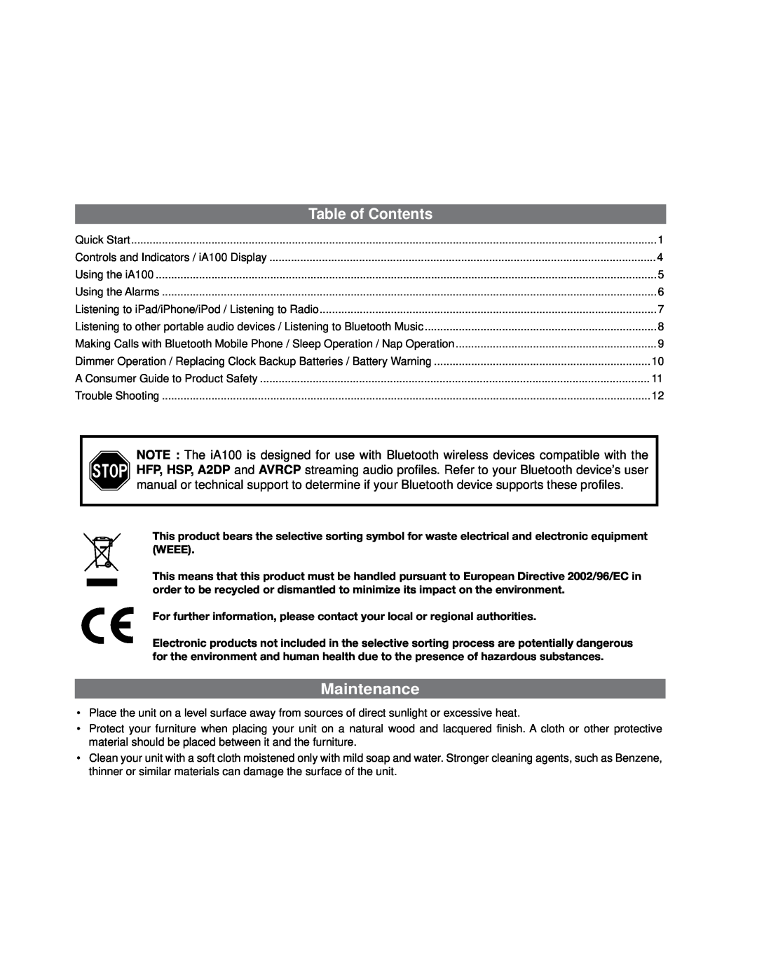 iHome iA100 manual Table of Contents, Maintenance 