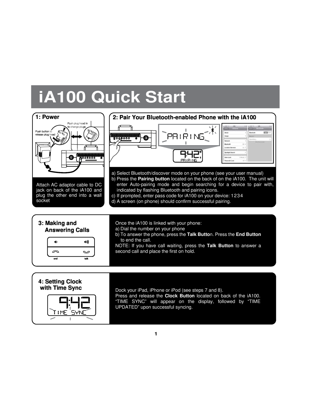 iHome manual iA100 Quick Start, Power, Making and Answering Calls, Setting Clock with Time Sync 
