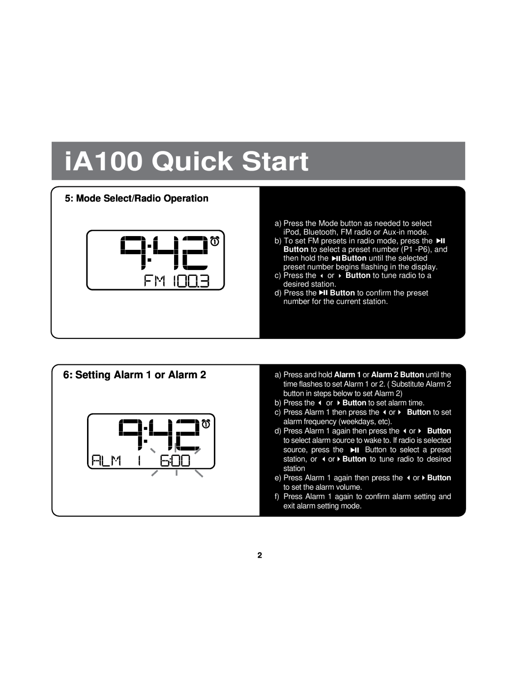 iHome manual Mode Select/Radio Operation, iA100 Quick Start, Setting Alarm 1 or Alarm, or Button 