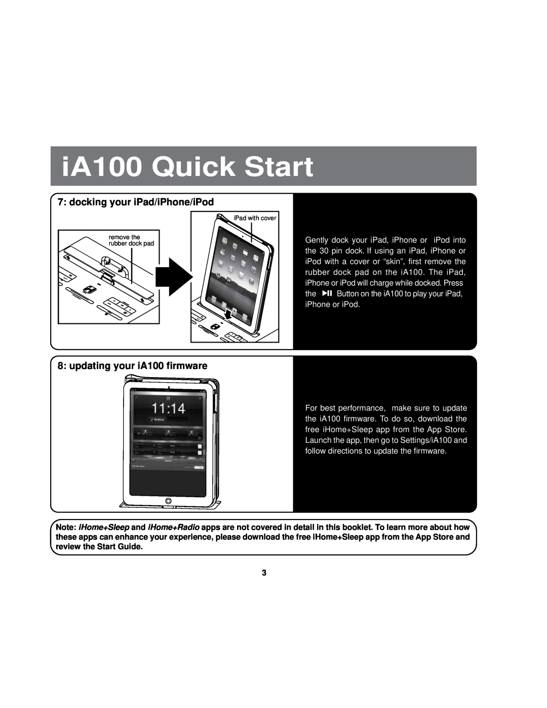 iHome manual docking your iPad/iPhone/iPod, updating your iA100 firmware, iA100 Quick Start 