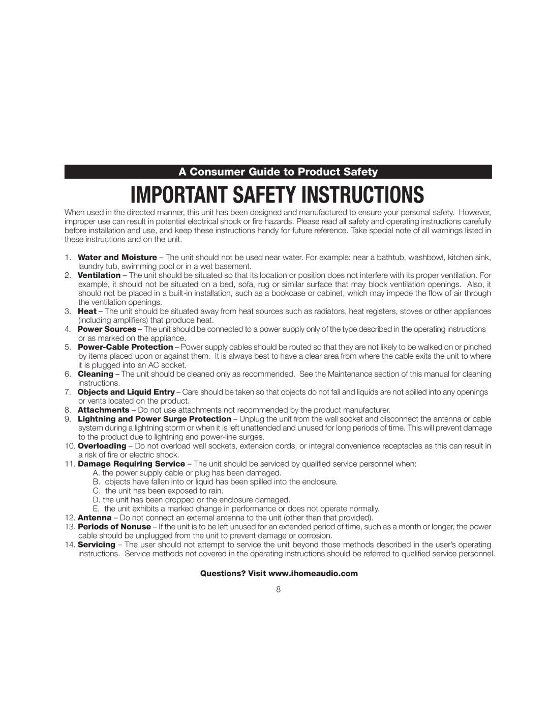 iHome iA17 instruction manual Consumer Guide to Product Safety 