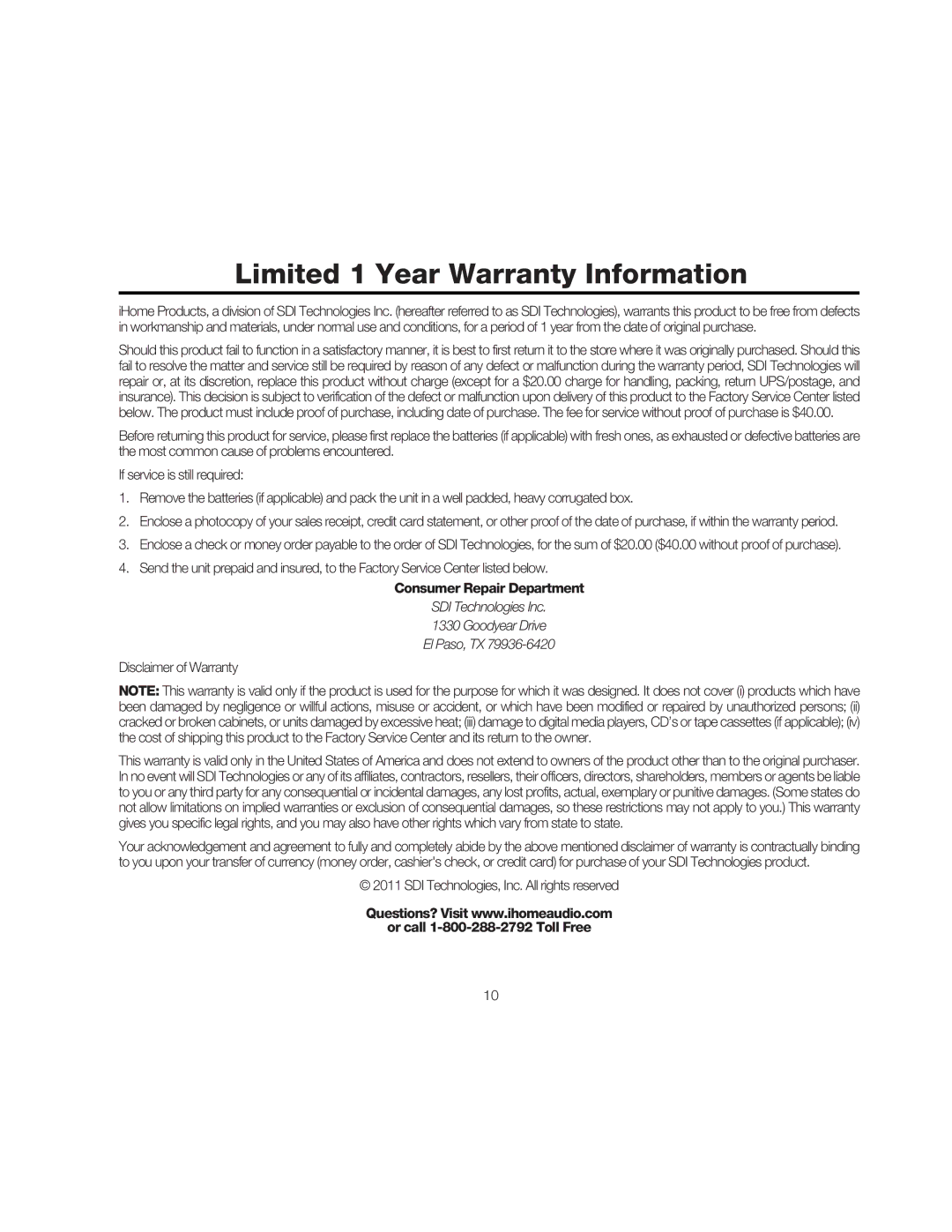 iHome iA17 Consumer Repair Department, Disclaimer of Warranty, SDI Technologies, Inc. All rights reserved 