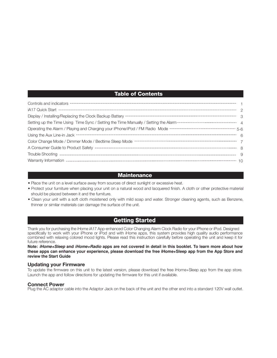 iHome iA17 instruction manual Table of Contents, Maintenance 