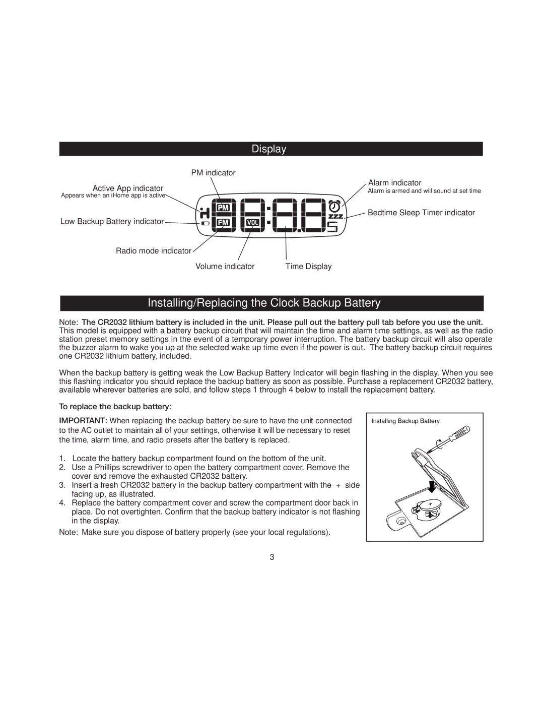 iHome iA17 instruction manual Display, PM indicator, Active App indicator Alarm indicator, To replace the backup battery 