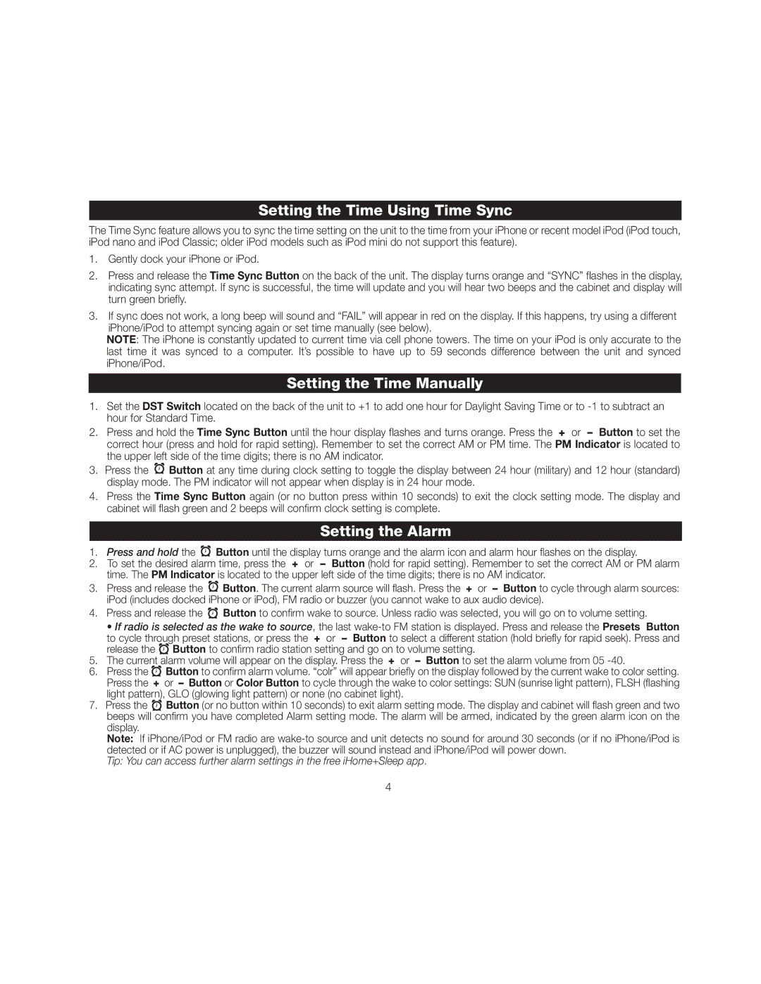 iHome iA17 instruction manual Setting the Time Using Time Sync, Setting the Time Manually, Setting the Alarm 