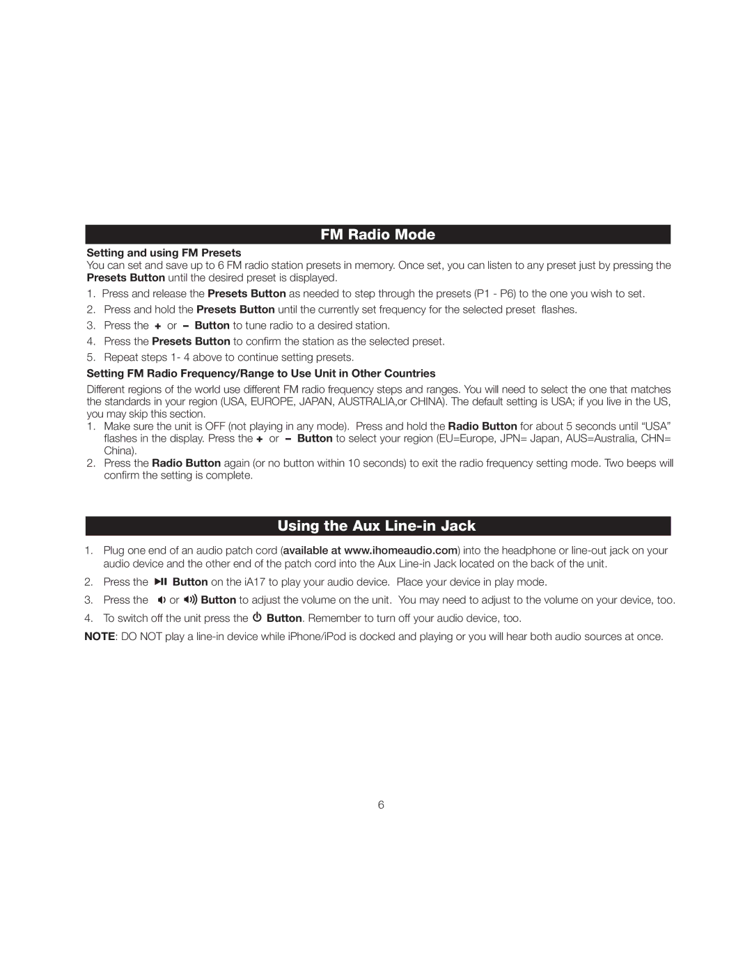 iHome iA17 instruction manual Using the Aux Line-in Jack, Setting and using FM Presets 