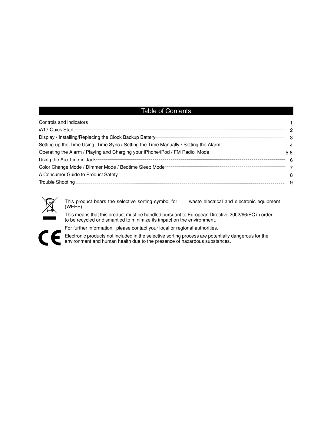 iHome iA17 instruction manual Table of Contents 