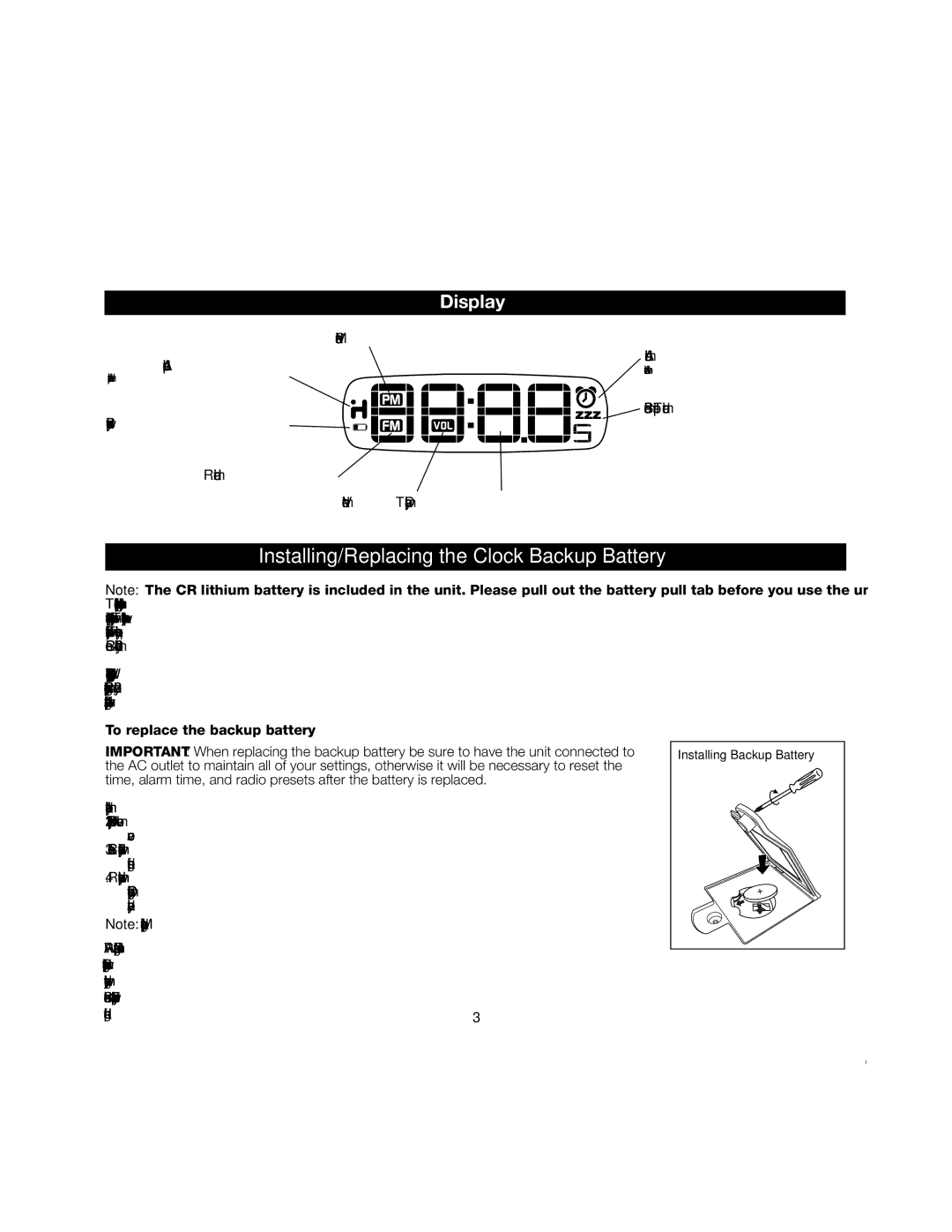 iHome iA17 instruction manual Installing/Replacing the Clock Backup Battery, Display 