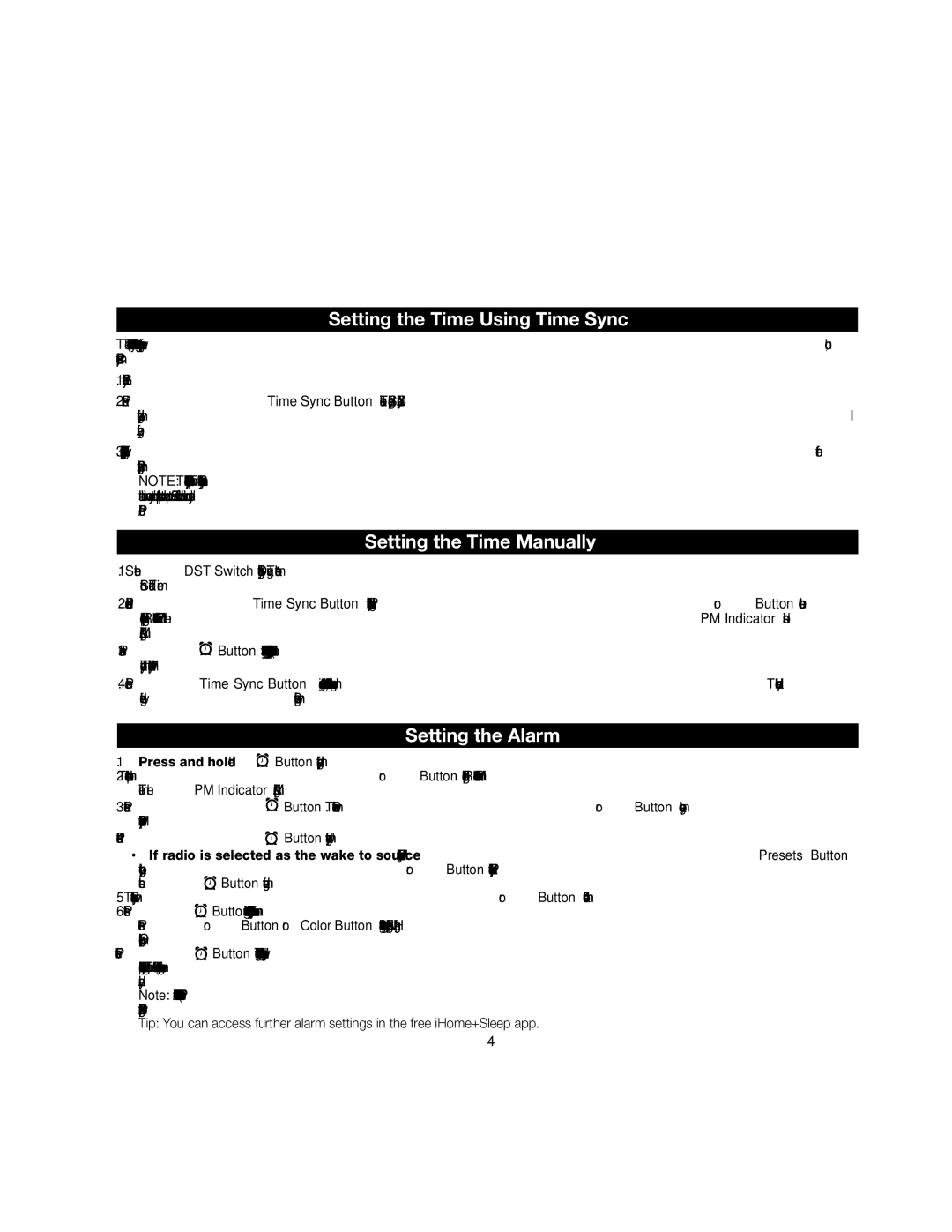 iHome iA17 instruction manual Setting the Time Using Time Sync, Setting the Time Manually, Setting the Alarm 