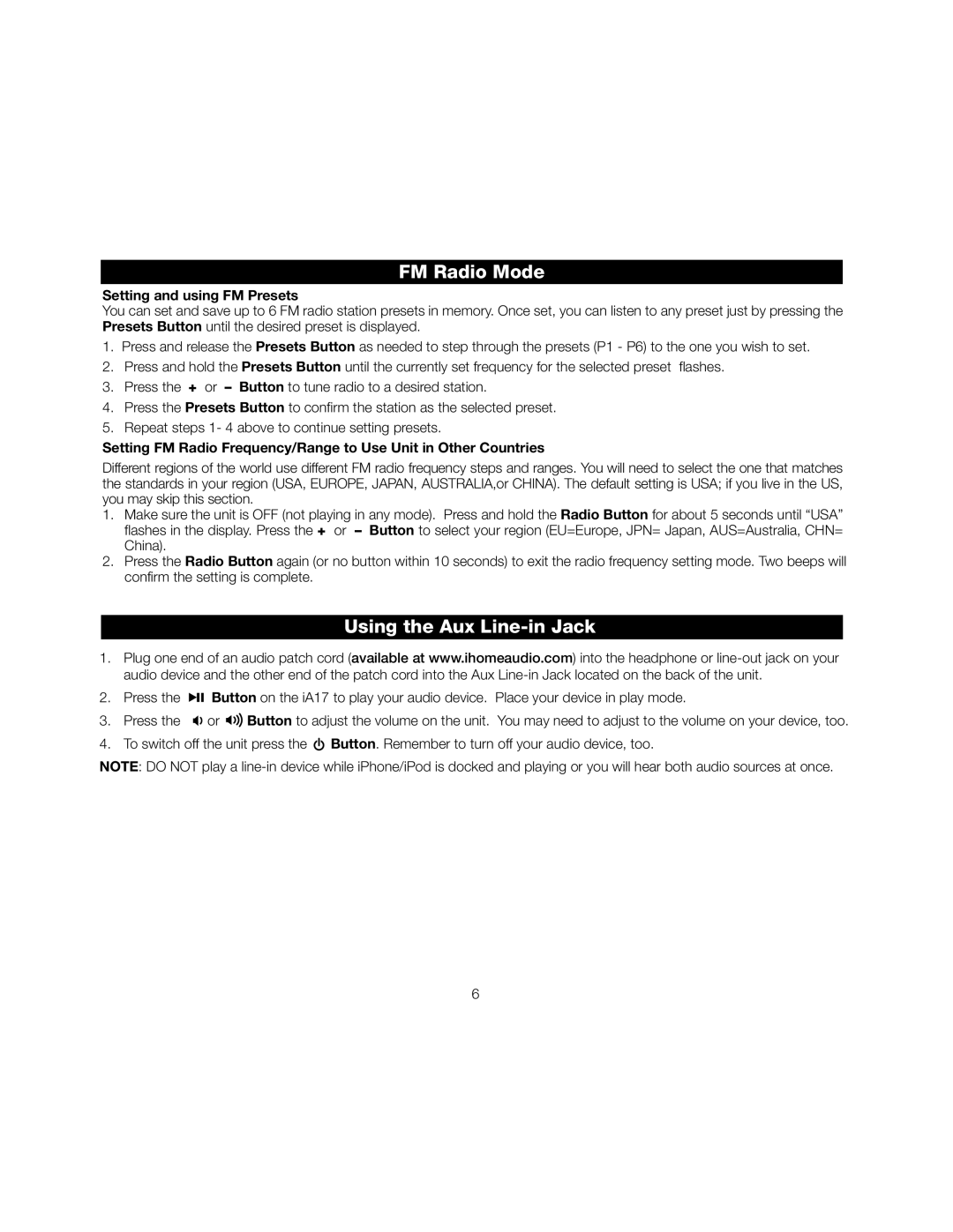 iHome iA17 instruction manual Using the Aux Line-in Jack, Setting and using FM Presets 