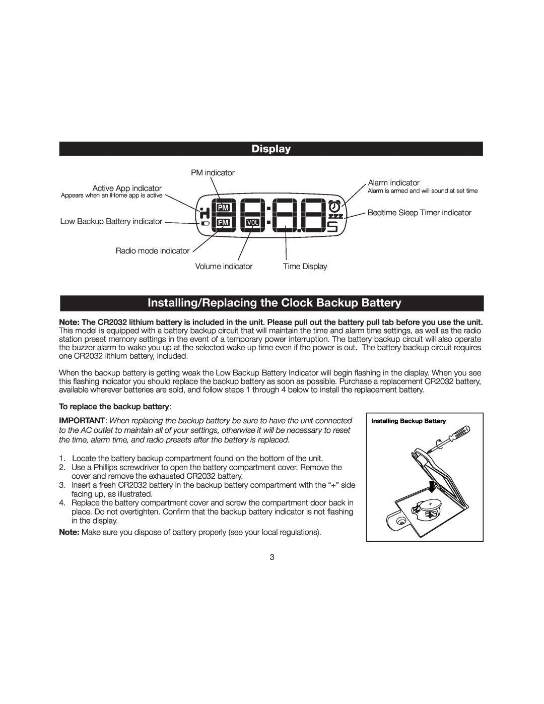 iHome iA17 instruction manual Display, Installing/Replacing the Clock Backup Battery 