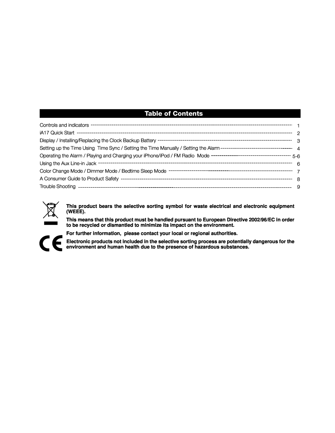 iHome iA17 instruction manual Table of Contents 