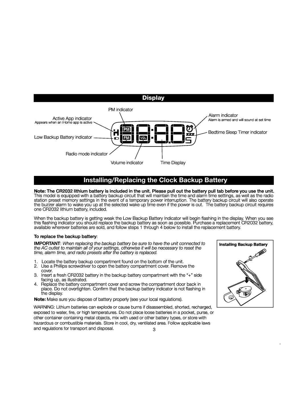 iHome iA17 instruction manual Display, Installing/Replacing the Clock Backup Battery 