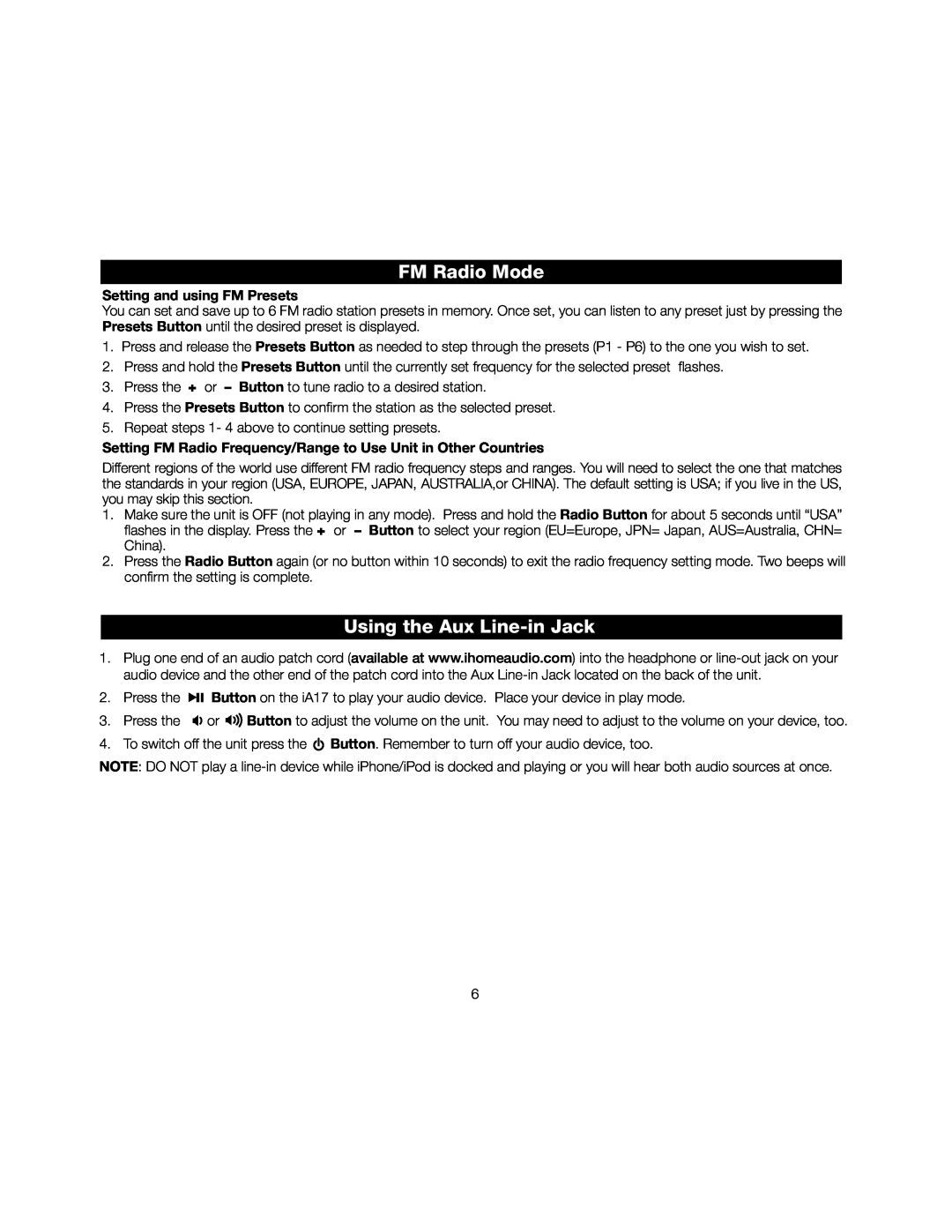 iHome iA17 instruction manual Using the Aux Line-in Jack, FM Radio Mode, Setting and using FM Presets 