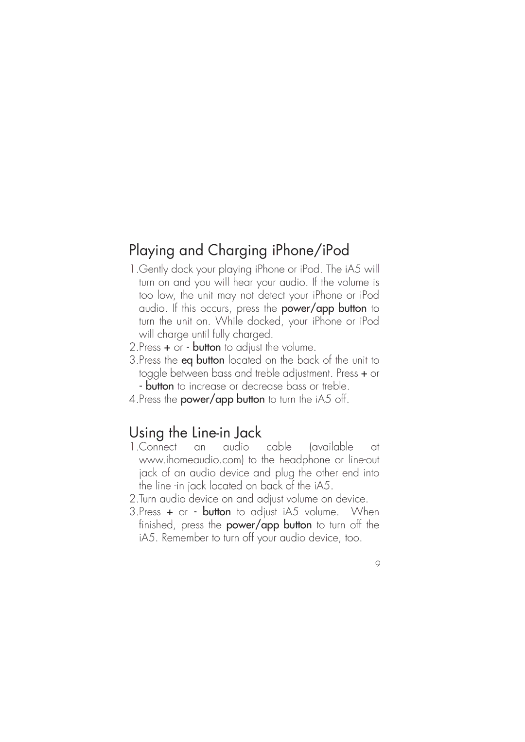 iHome ia5 instruction manual Playing and Charging iPhone/iPod, Using the Line-in Jack 