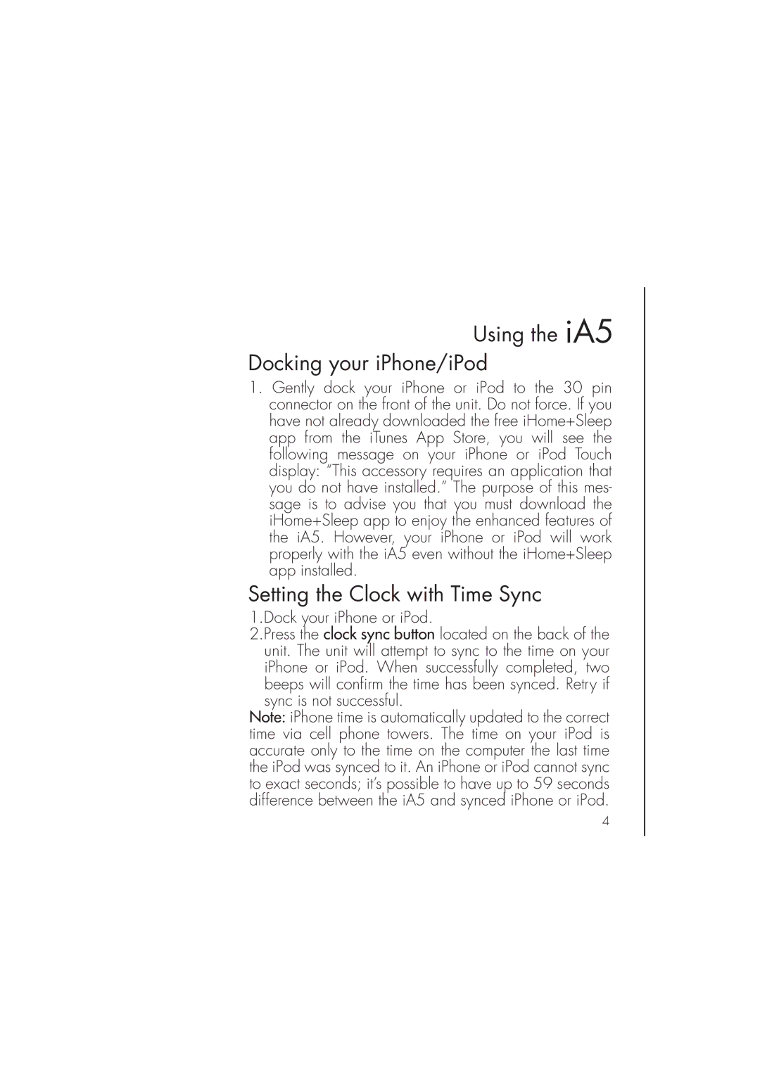 iHome ia5 instruction manual Using the iA5 Docking your iPhone/iPod, Setting the Clock with Time Sync 