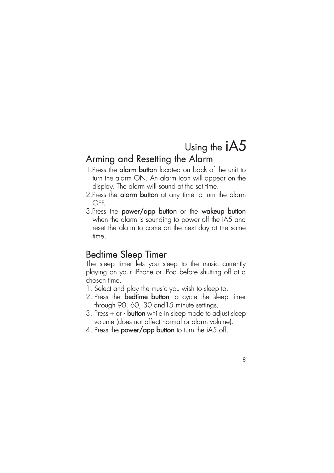 iHome ia5 instruction manual Using the iA5 Arming and Resetting the Alarm, Bedtime Sleep Timer 