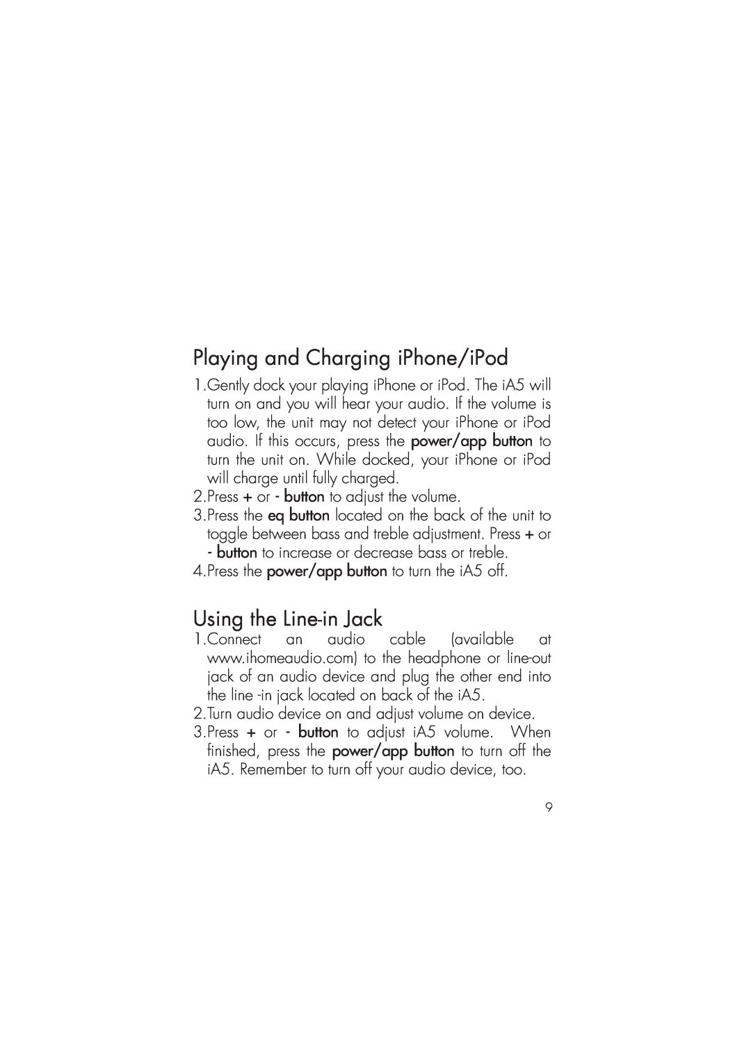 iHome ia5 instruction manual Playing and Charging iPhone/iPod, Using the Line-in Jack 