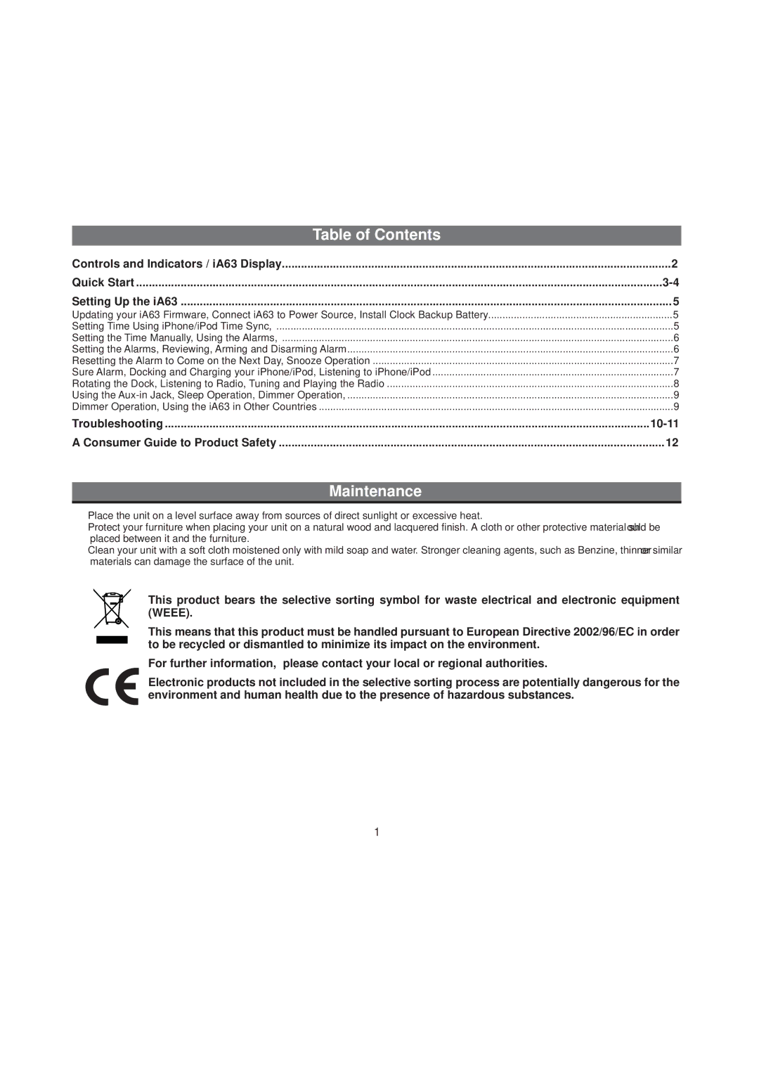 iHome IA63BZX manual Table of Contents, Maintenance 