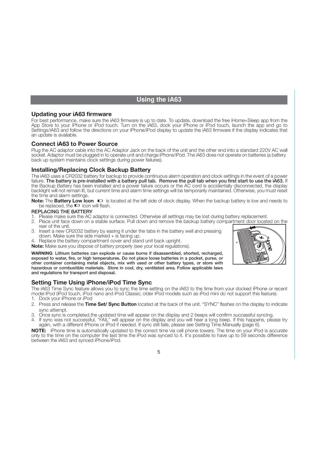 iHome IA63BZX manual Using the iA63, Updating your iA63 firmware, Connect iA63 to Power Source 