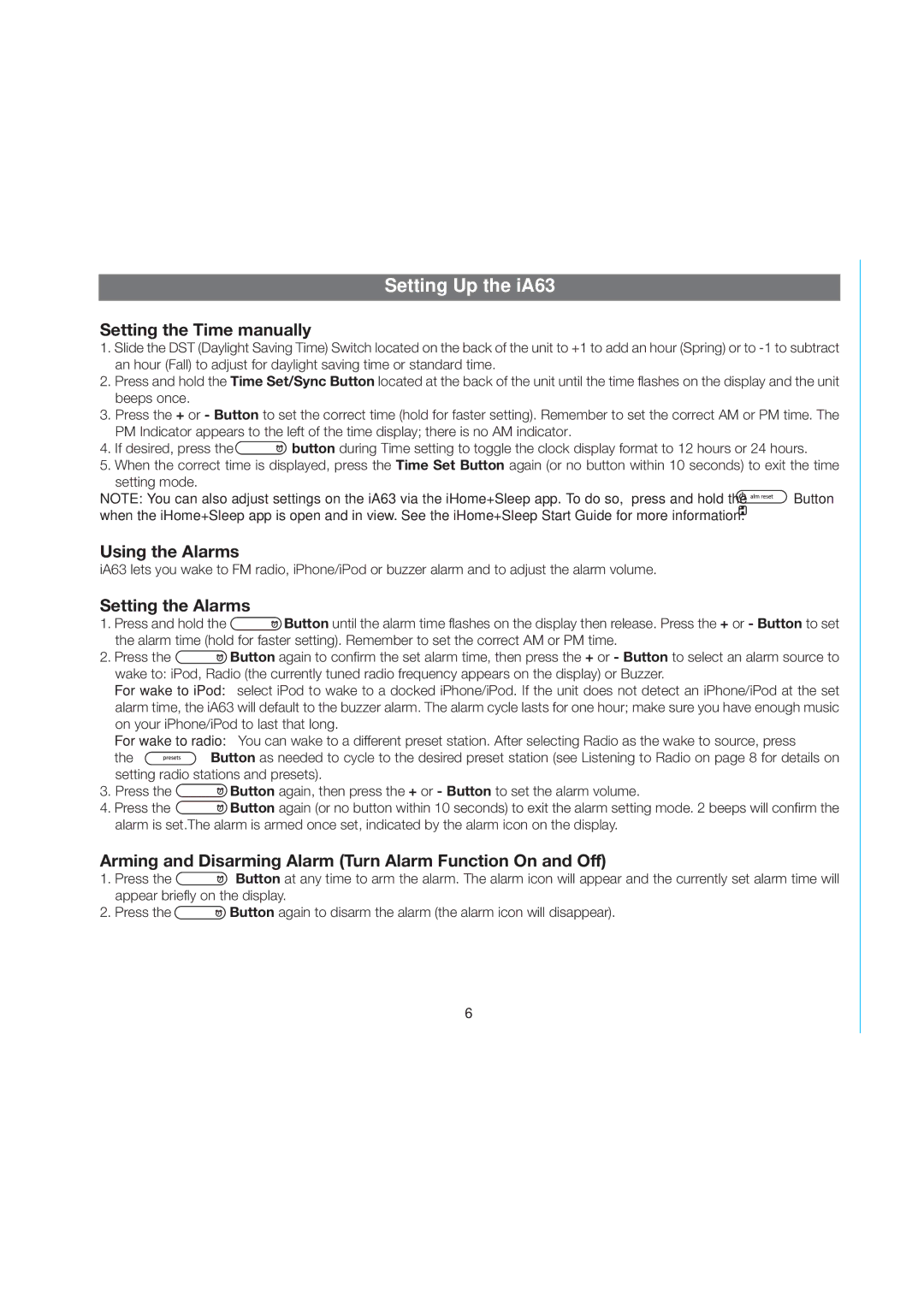 iHome IA63BZX Setting Up the iA63, Setting the Time manually, Using the Alarms, Setting the Alarms 