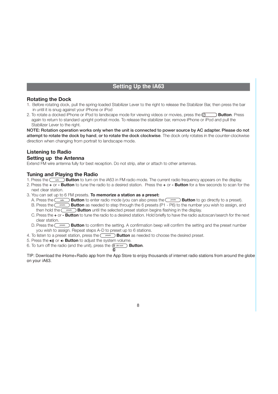 iHome IA63BZX manual Rotating the Dock, Listening to Radio Setting up the Antenna, Tuning and Playing the Radio 