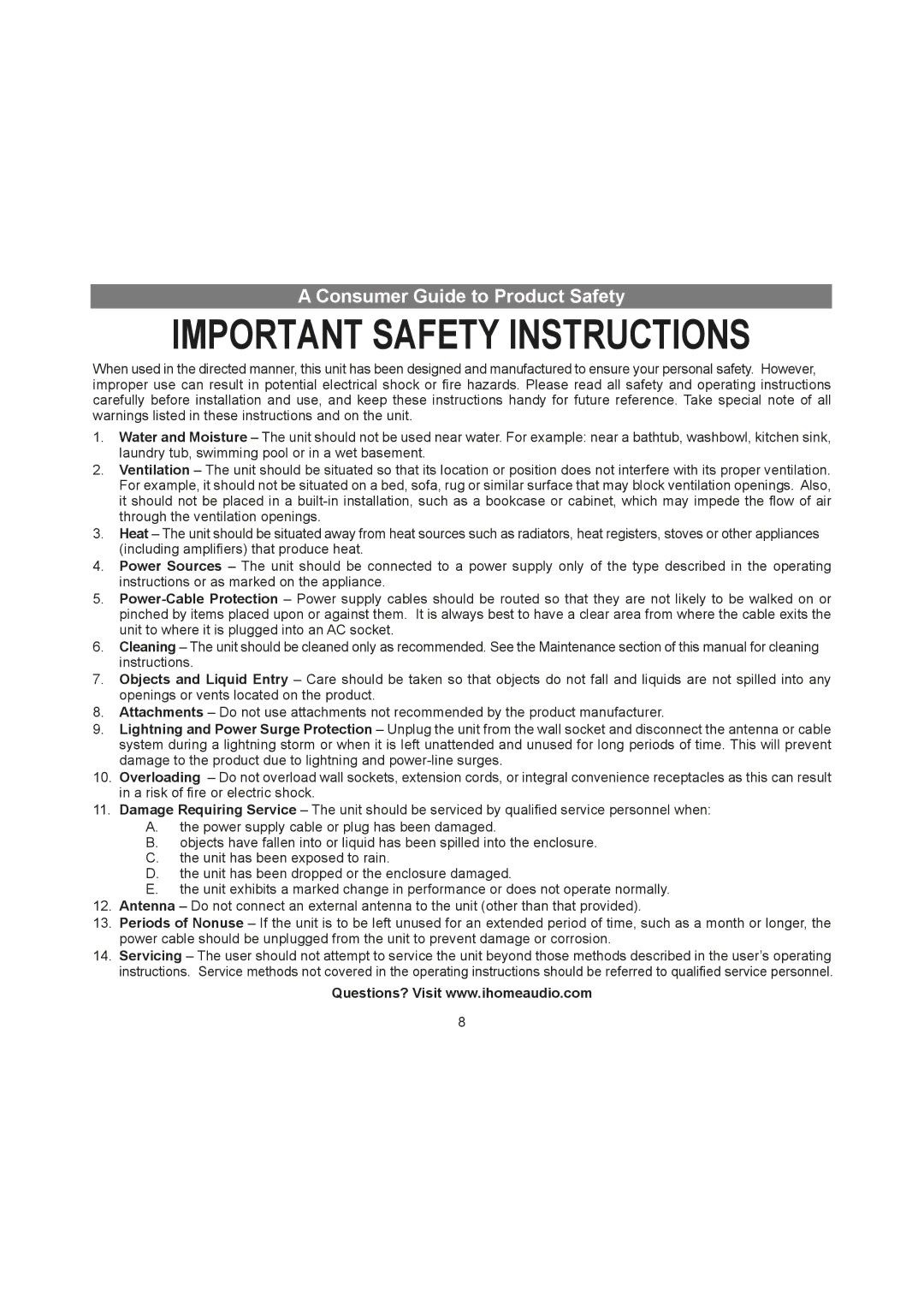 iHome IA9 manual Important Safety Instructions 