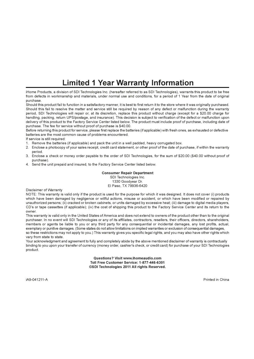 iHome IA9 manual Limited 1 Year Warranty Information 