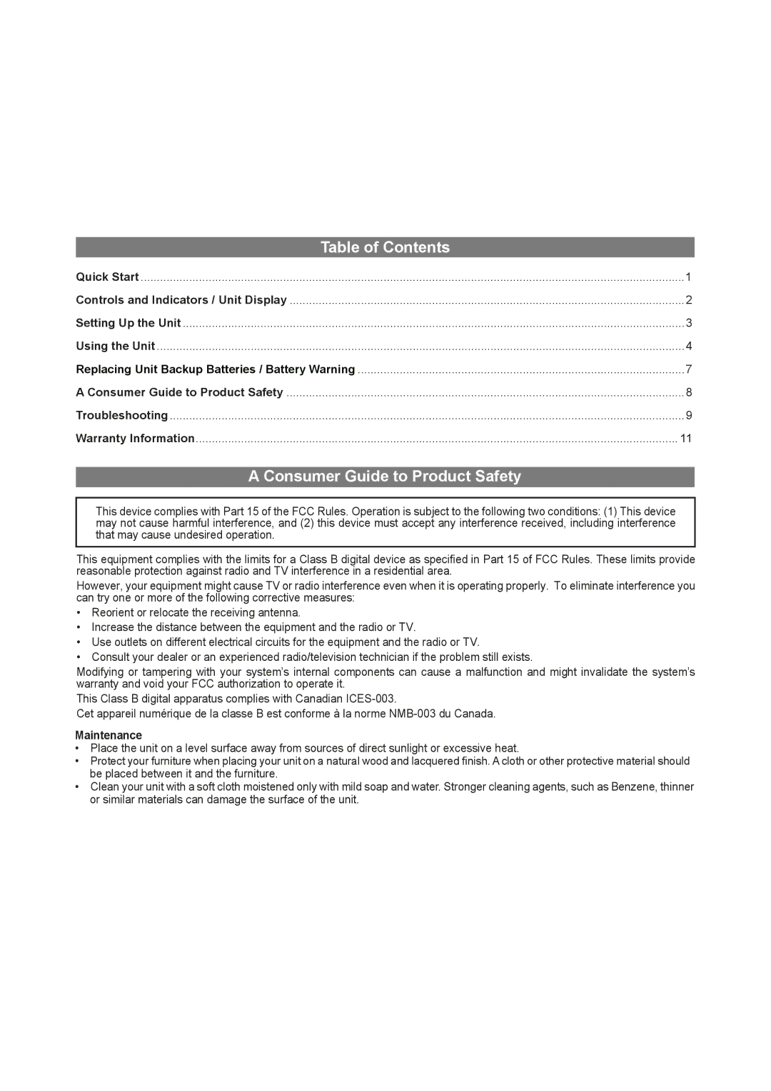 iHome IA9 manual Table of Contents, Consumer Guide to Product Safety 