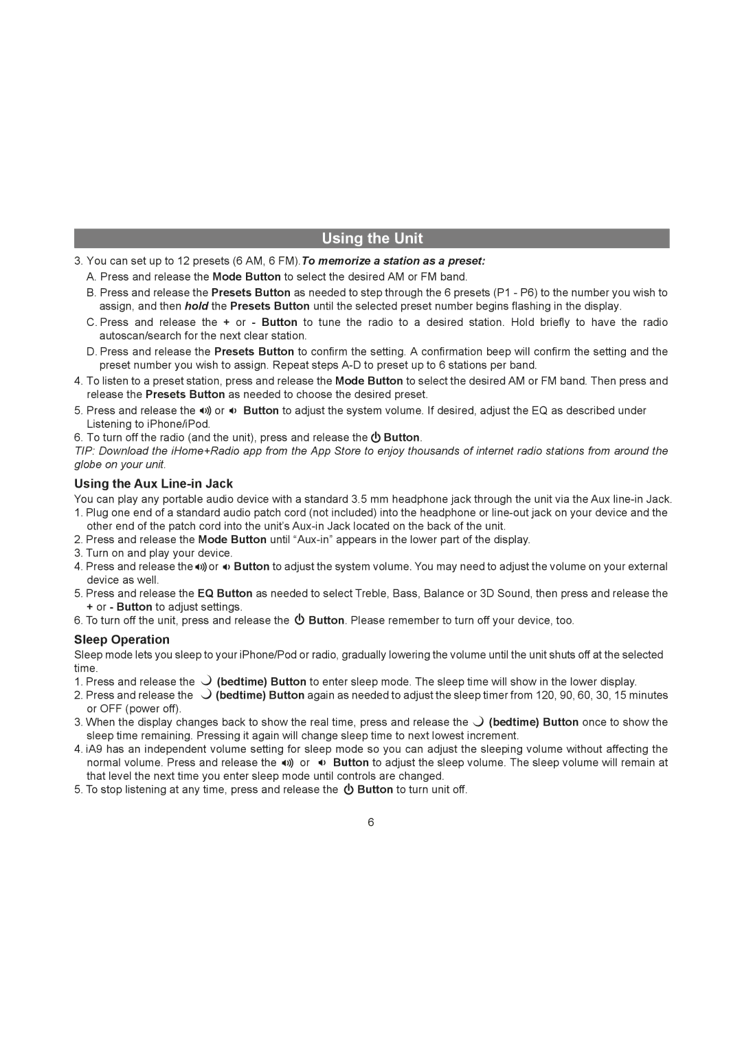 iHome IA9 manual Using the Aux Line-in Jack, Sleep Operation 