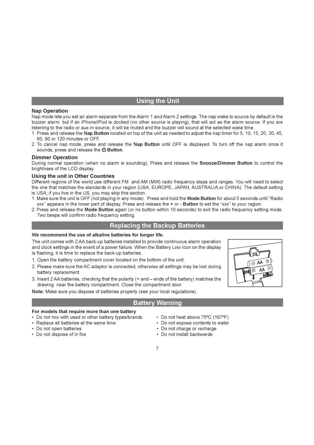 iHome IA9 manual Replacing the Backup Batteries, Battery Warning, Nap Operation, Dimmer Operation 