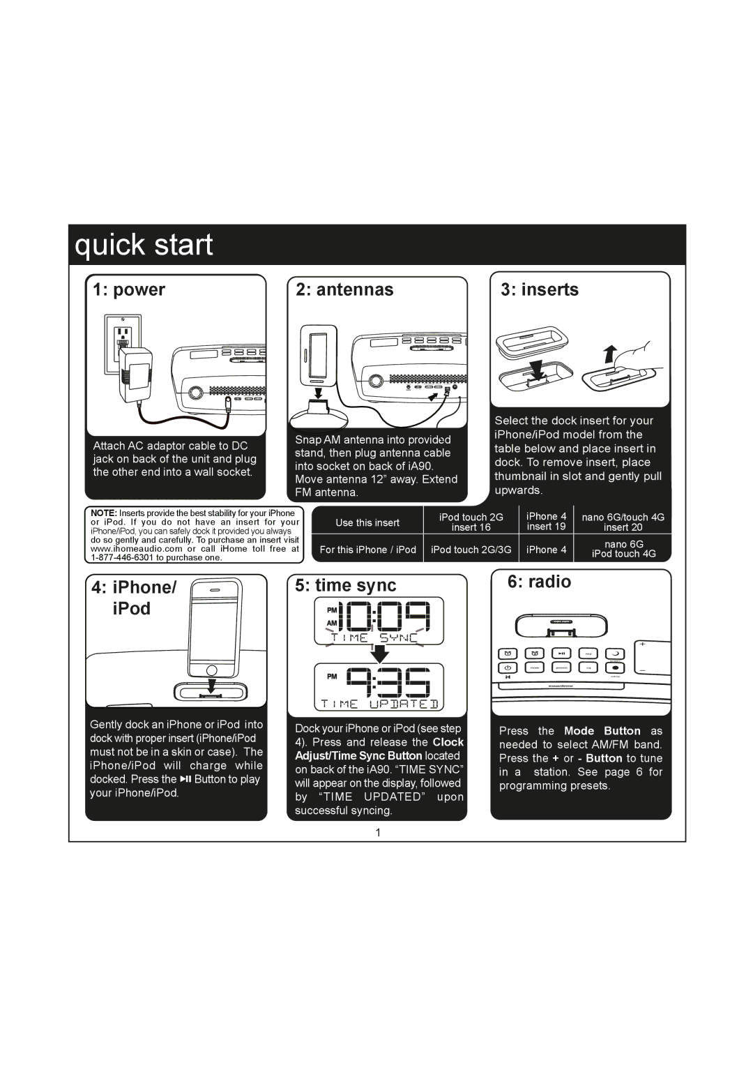 iHome IA90 manual Quick start 