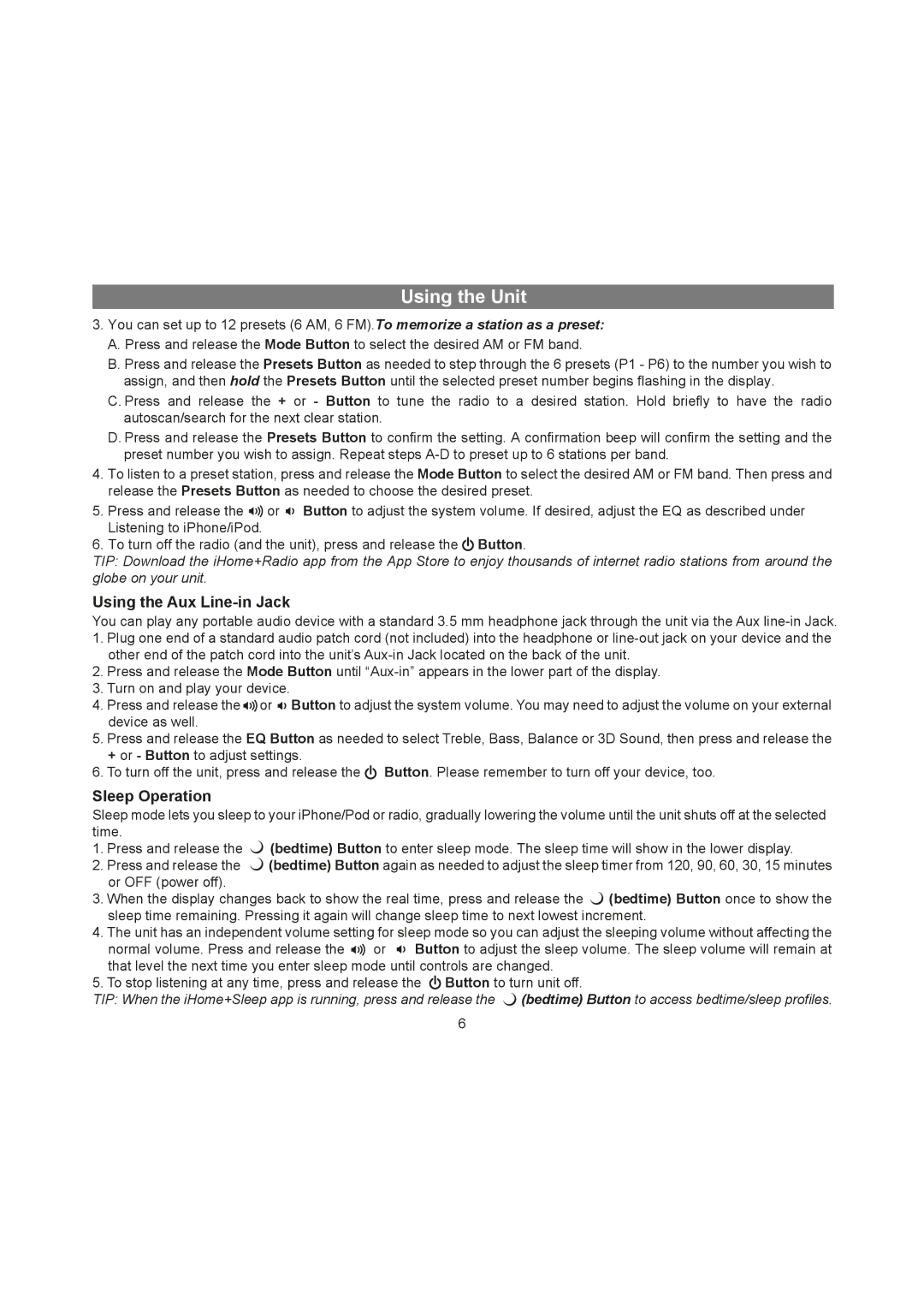 iHome IA90 manual Using the Aux Line-in Jack, Sleep Operation 