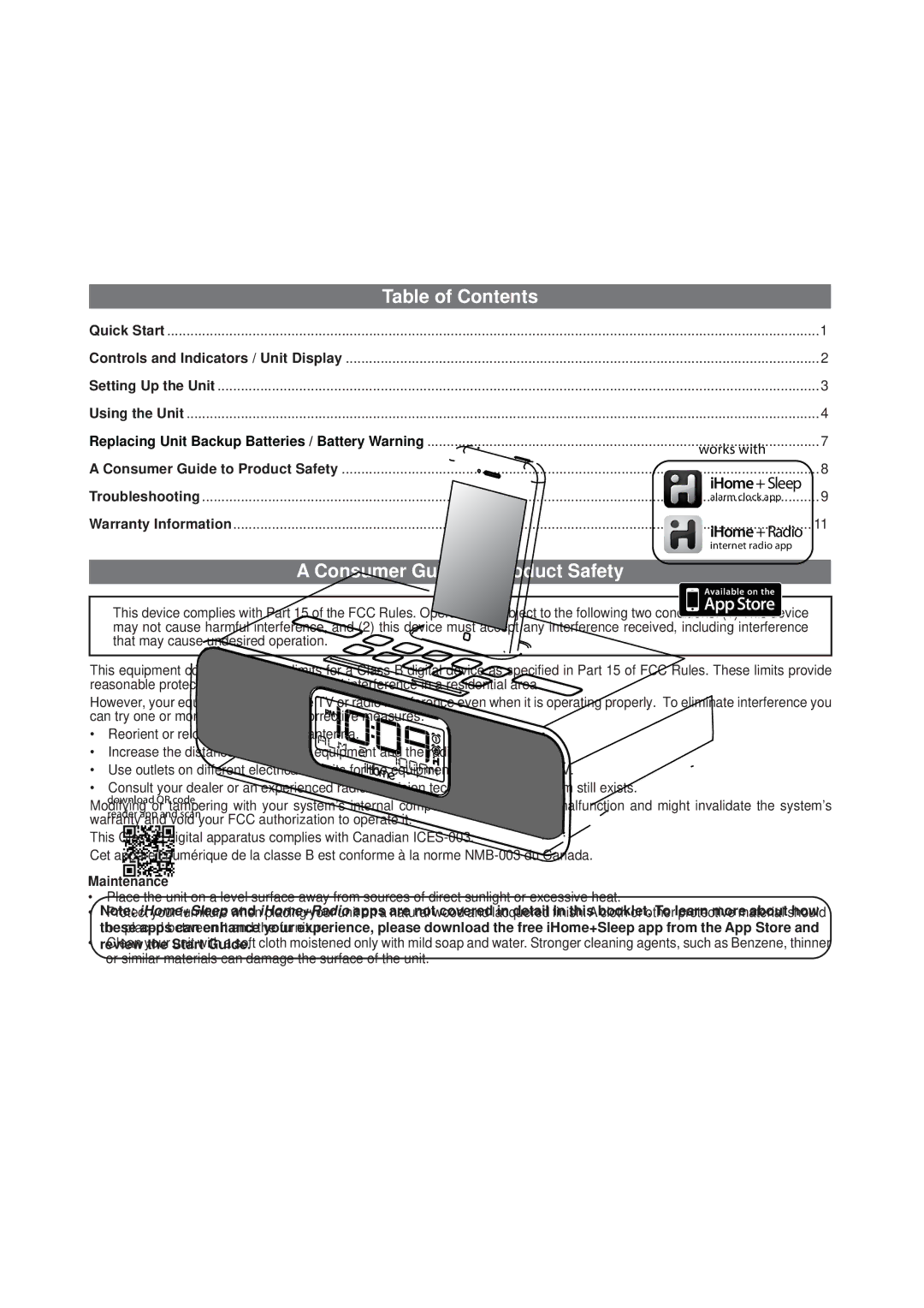 iHome IA92, IA91 manual Table of Contents, Consumer Guide to Product Safety 