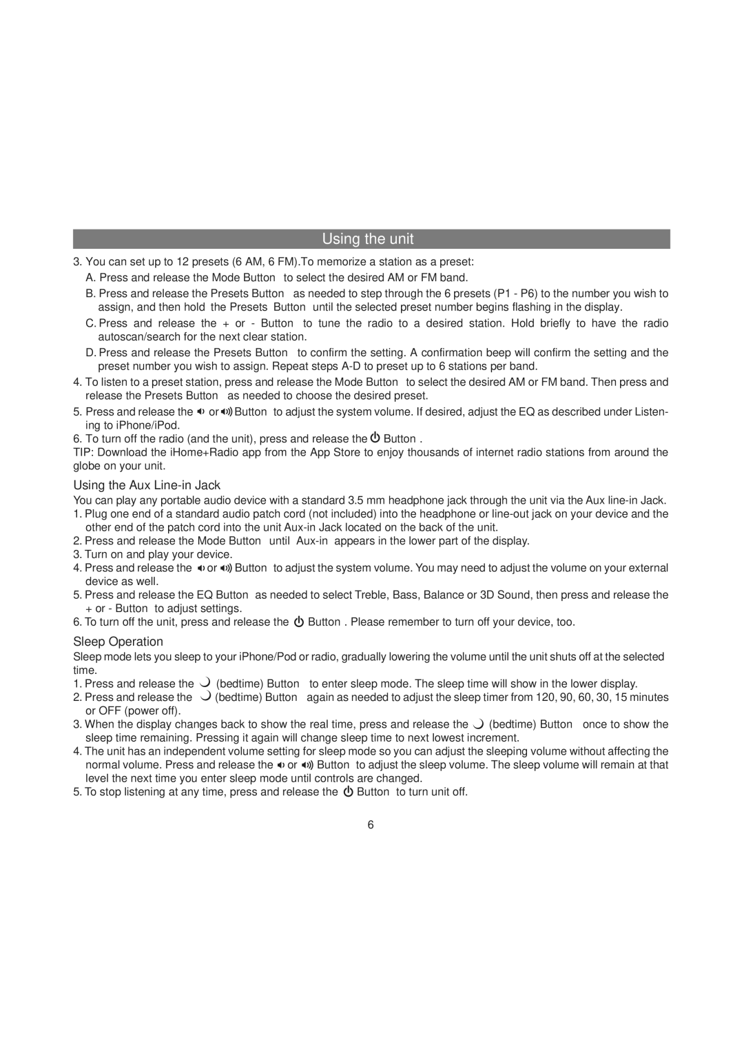 iHome IA92, IA91 manual Using the Aux Line-in Jack, Sleep Operation 