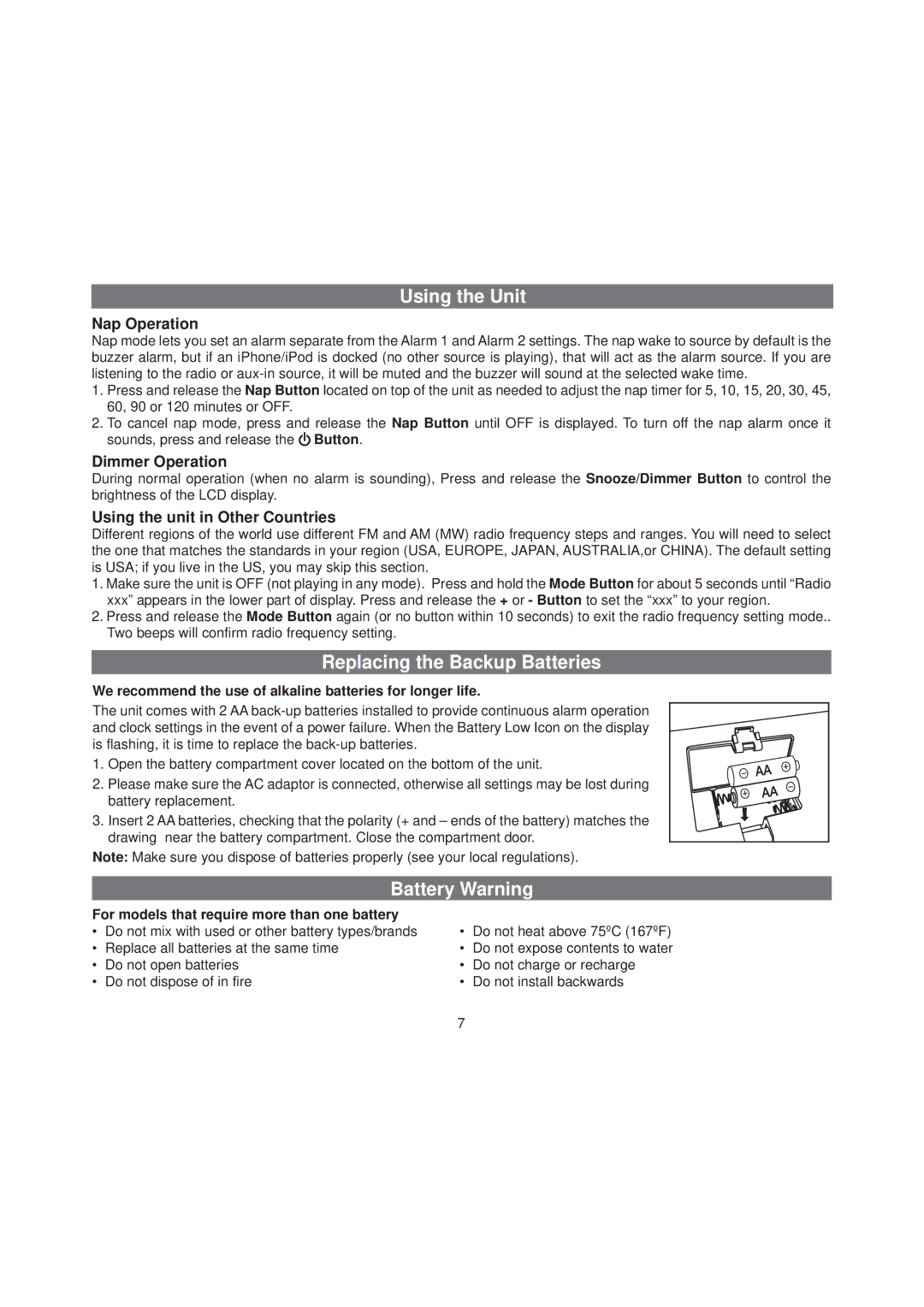 iHome IA91, IA92 manual Replacing the Backup Batteries, Battery Warning, Nap Operation, Dimmer Operation 