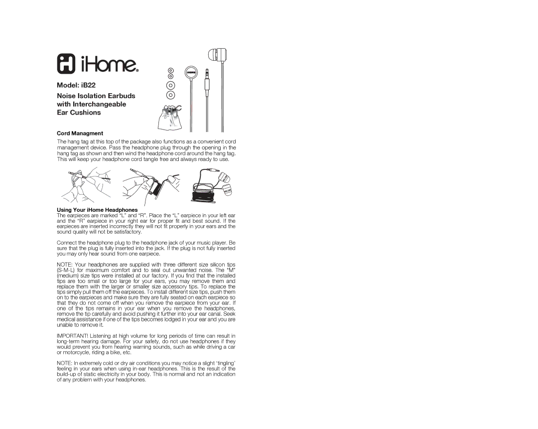 iHome ib22 warranty Cord Managment, Using Your iHome Headphones 