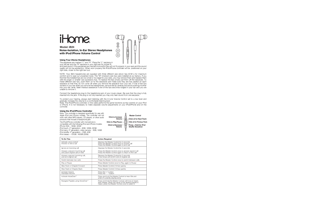 iHome IB24 warranty Model iB24, Using Your iHome Headphones, Using the iPod/iPhone Controller, To Do This Action Required 