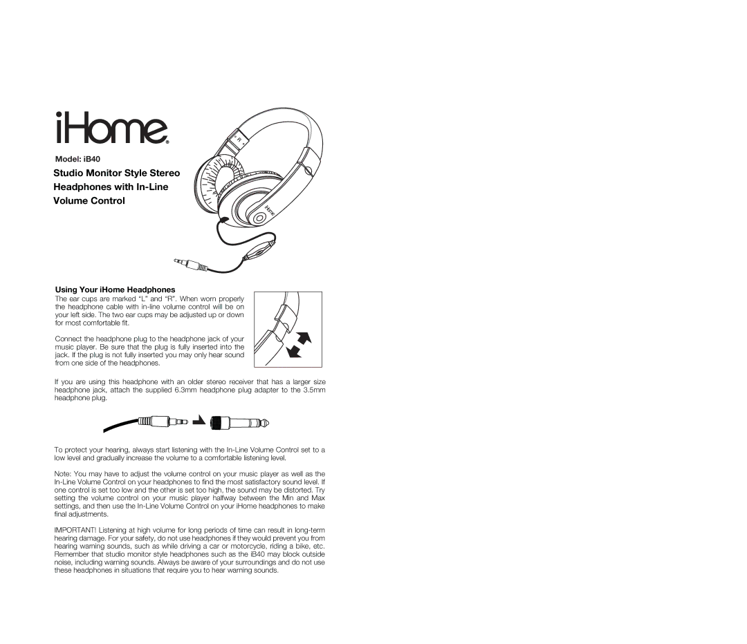 iHome IB40 warranty Model iB40, Using Your iHome Headphones 