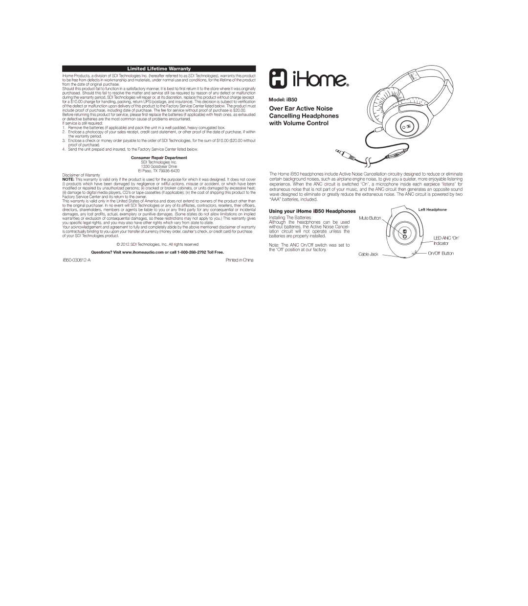 iHome warranty Limited Lifetime Warranty, Model iB50, Using your iHome iB50 Headphones 