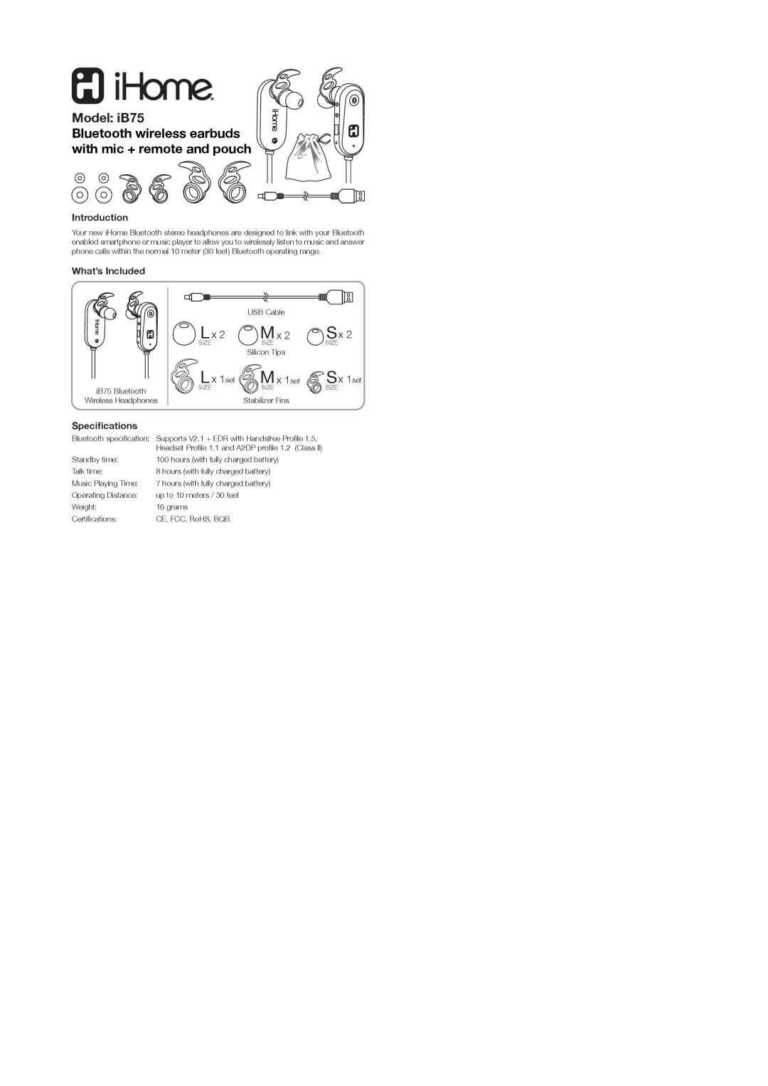 iHome iB75 owner manual Introduction, What’s Included, Speciﬁcations 