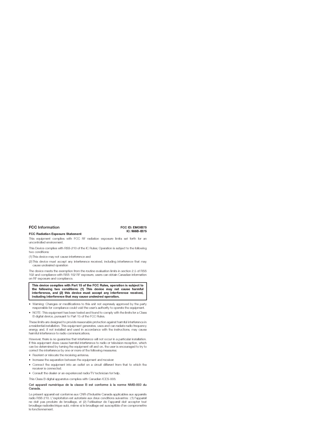 iHome iB75 owner manual FCC Information, FCC Radiation Exposure Statement IC 986B-IB75 