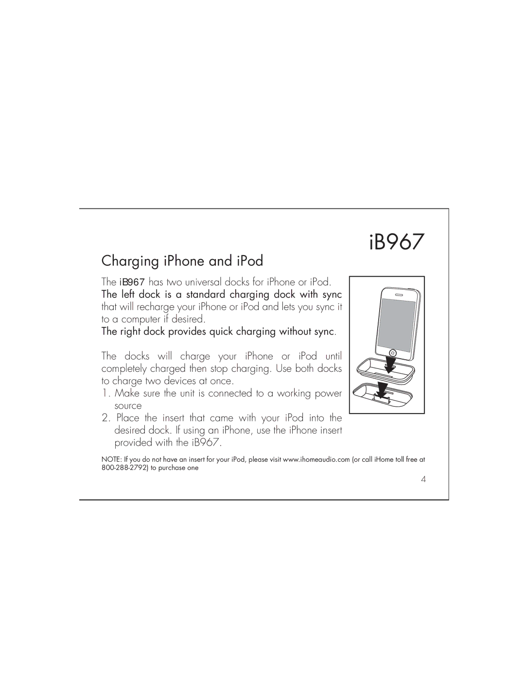 iHome IB967 instruction manual Charging iPhone and iPod 