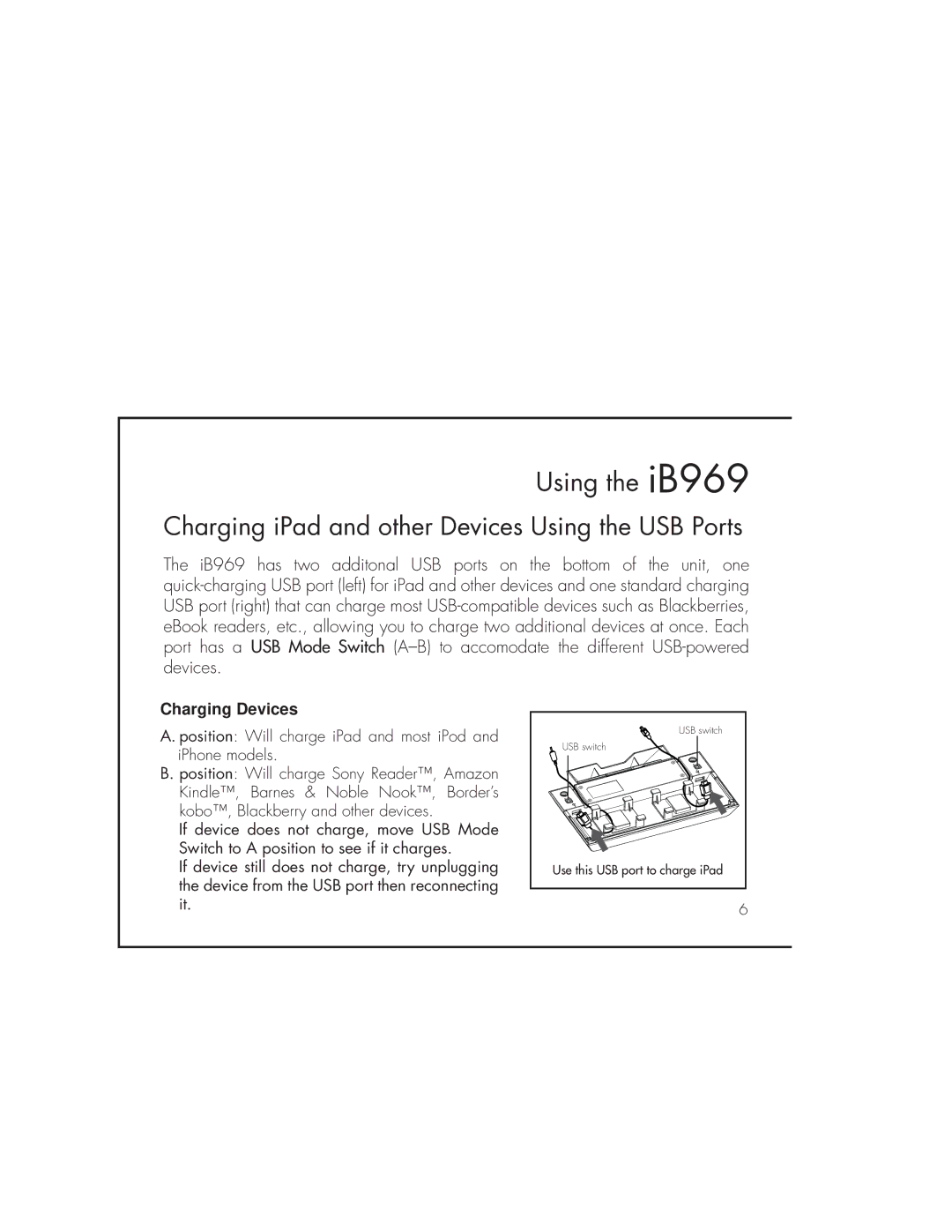 iHome IB969 instruction manual Charging iPad and other Devices Using the USB Ports, Charging Devices 