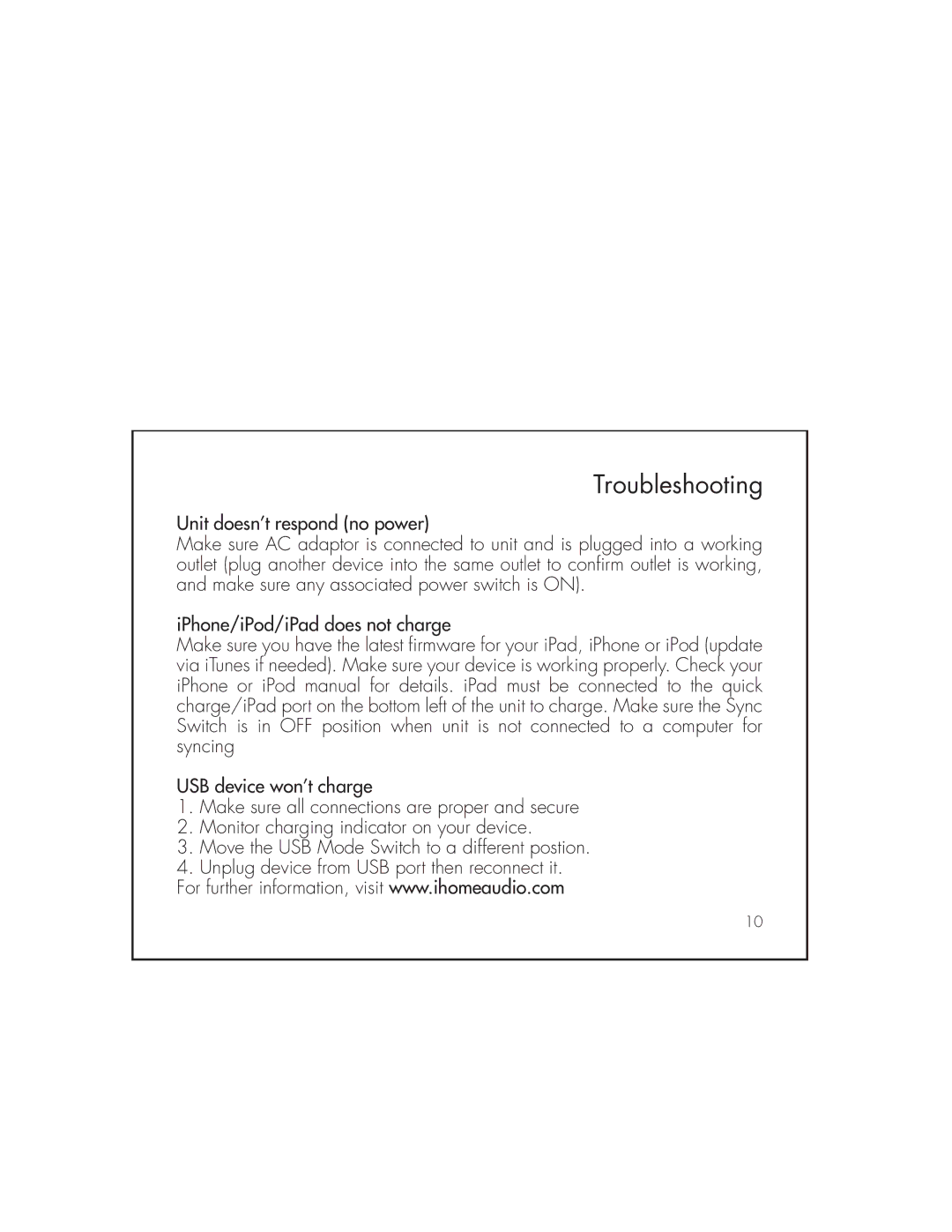 iHome IB969 instruction manual Troubleshooting 