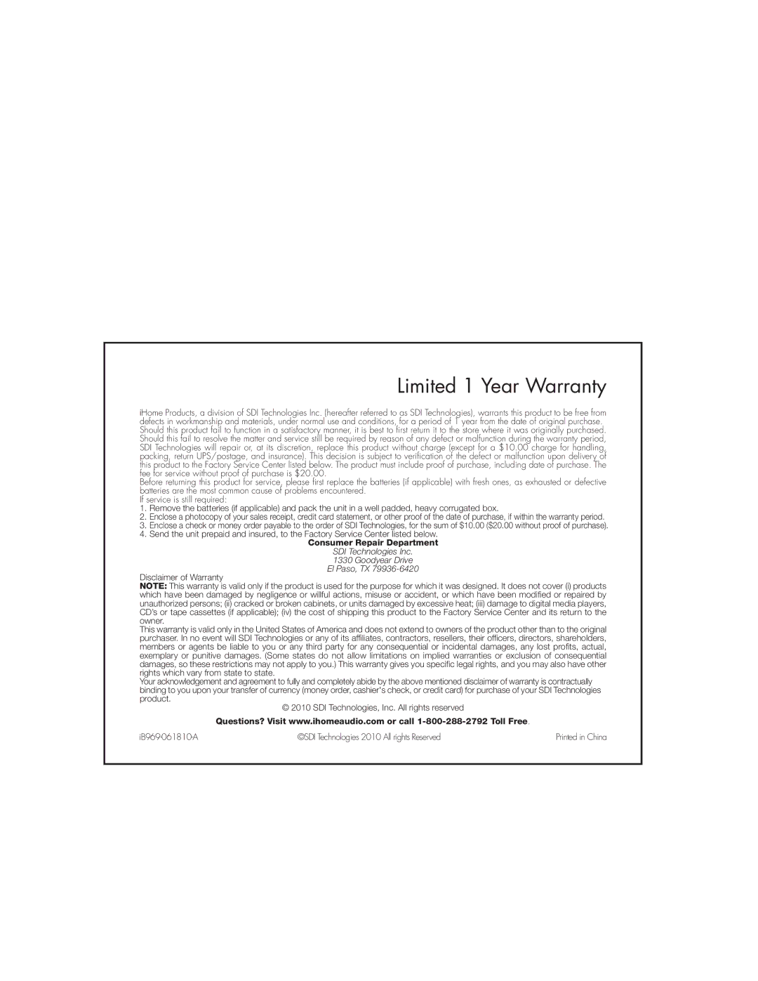 iHome IB969 instruction manual Limited 1 Year Warranty, Consumer Repair Department 