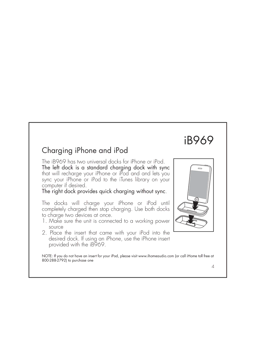 iHome IB969 instruction manual Charging iPhone and iPod 